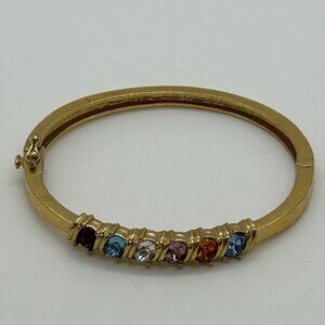 Vintage Gold Tone Bangle Bracelet Rainbow Birthstone Multi-Color Crystals Hinged